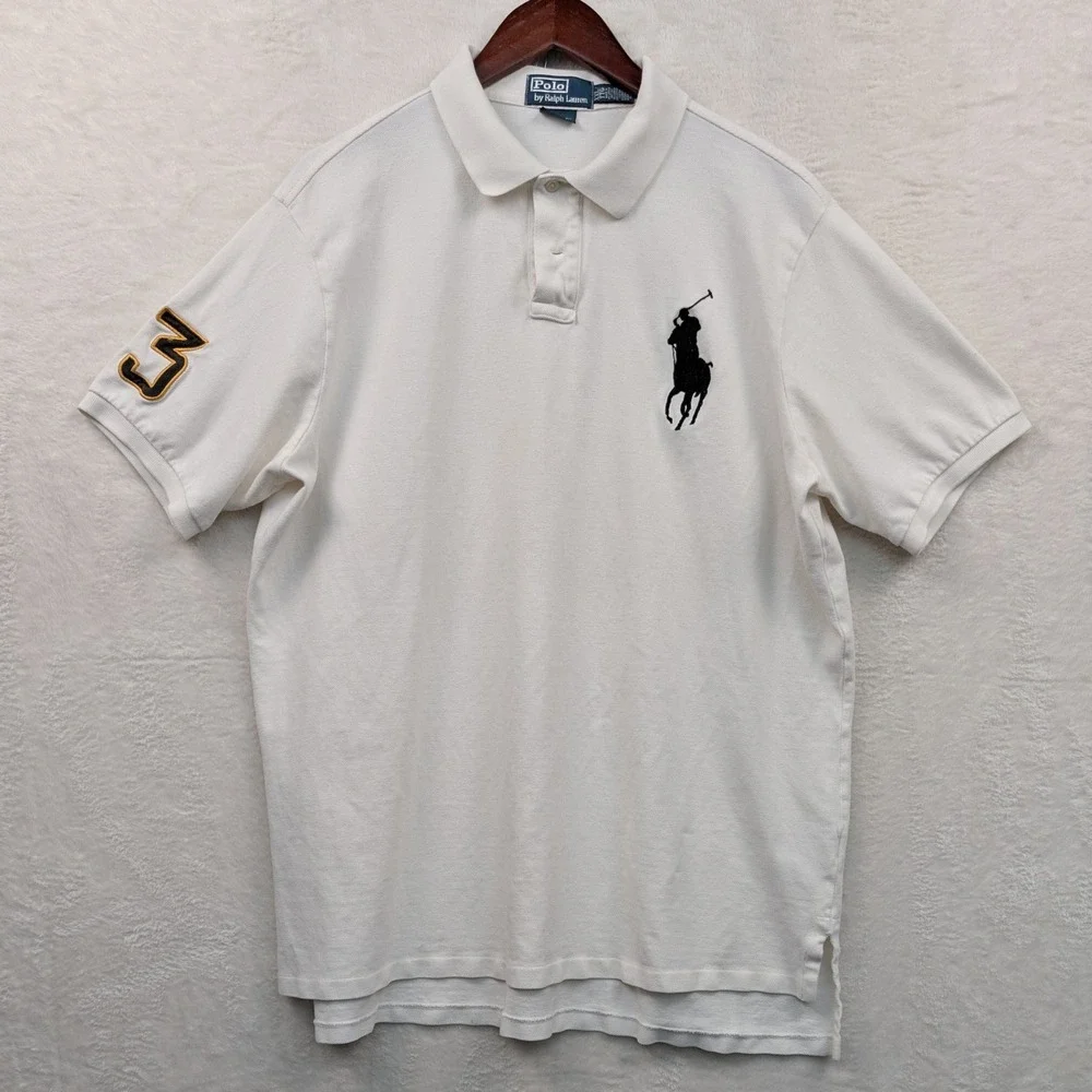 VTG Polo Ralph Lauren Polo Men 2XL White Big Pony Number 3 Patch Golf Preppy 90s
